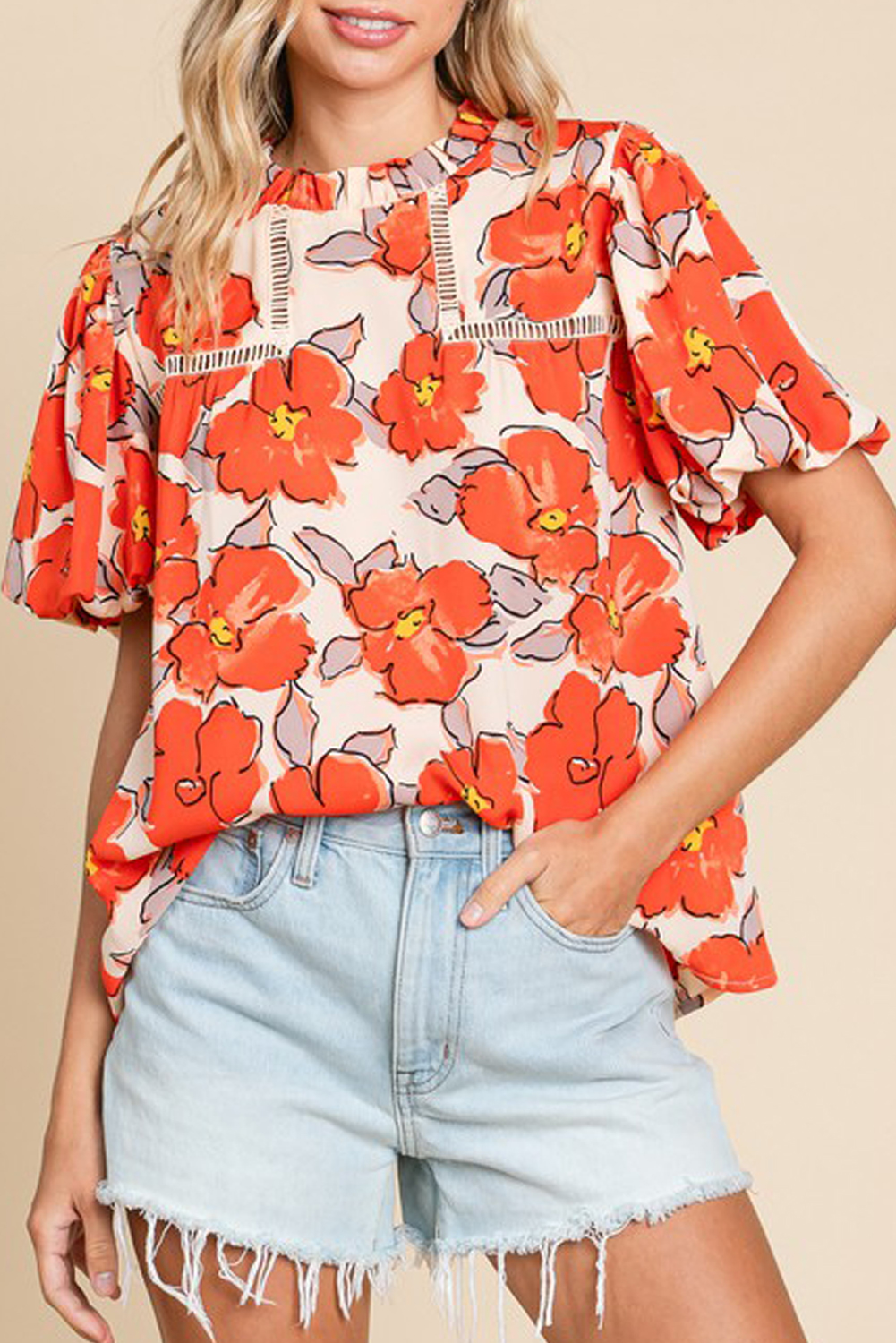Orange Floral Bubble Sleeve Frill Neck Loose Blouse - loveforevers