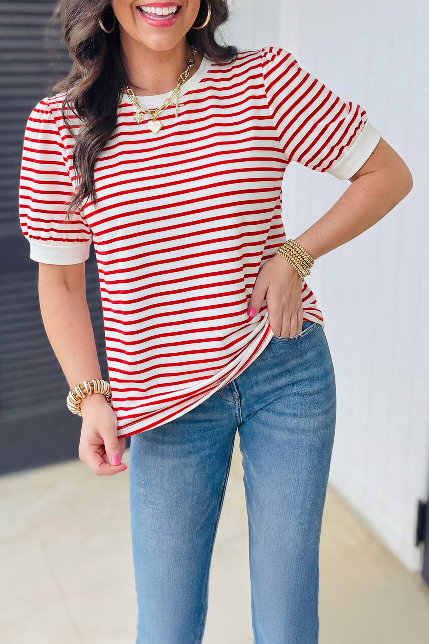 Red Stripe Contrast Trim Round Neck Short Puff Sleeve T Shirt - loveforevers