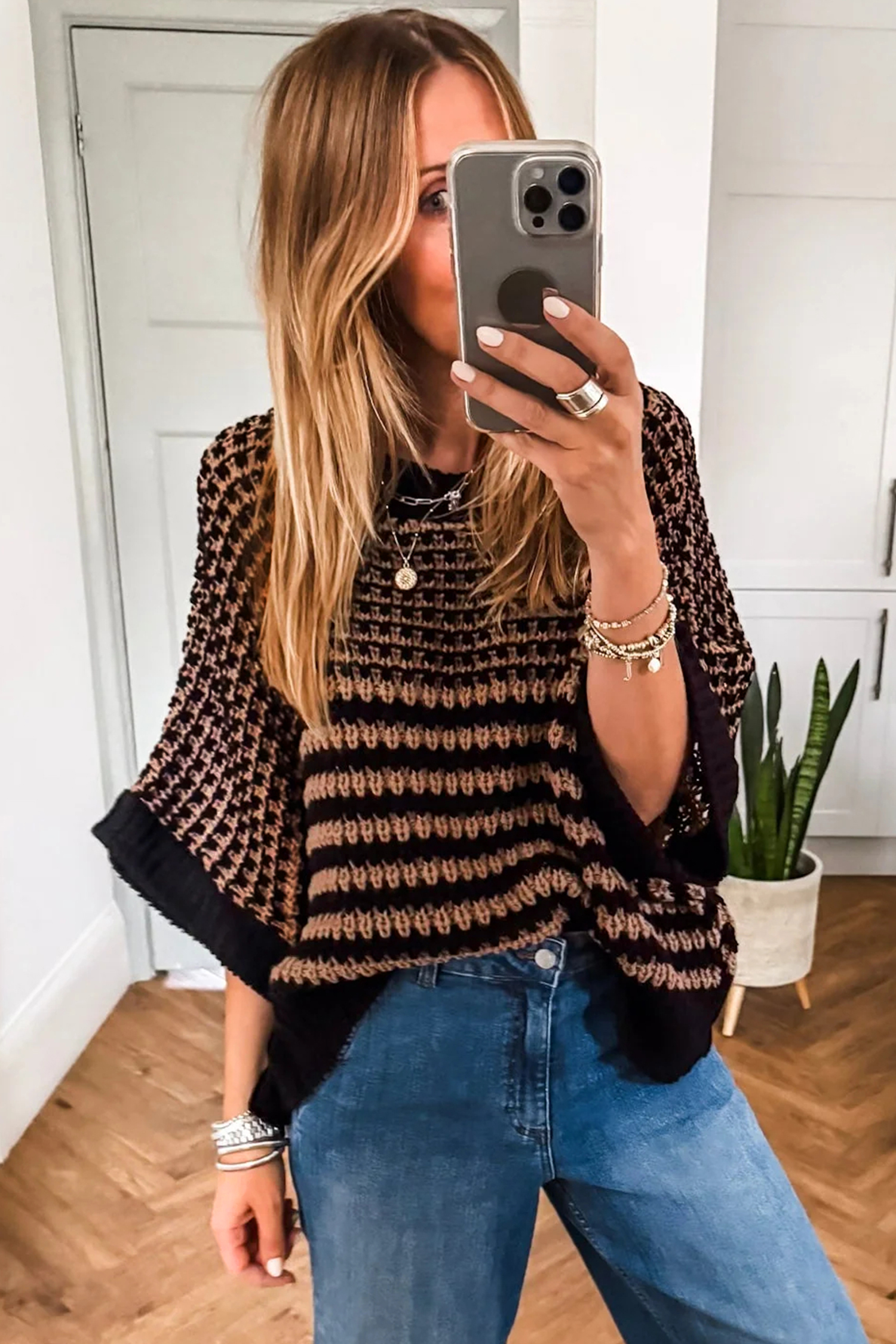 Black Stripe 3/4 Draped Sleeve Slouchy Sweater - loveforevers