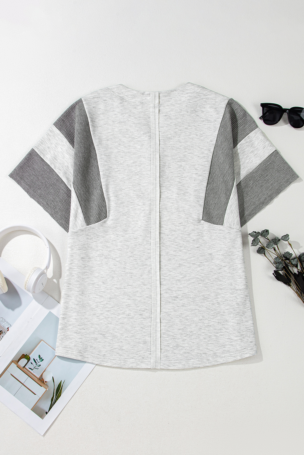 Dearlovers Light Grey Two Tone Contrast Waffle Knit Patched Buttoned V Neck Top - loveforevers