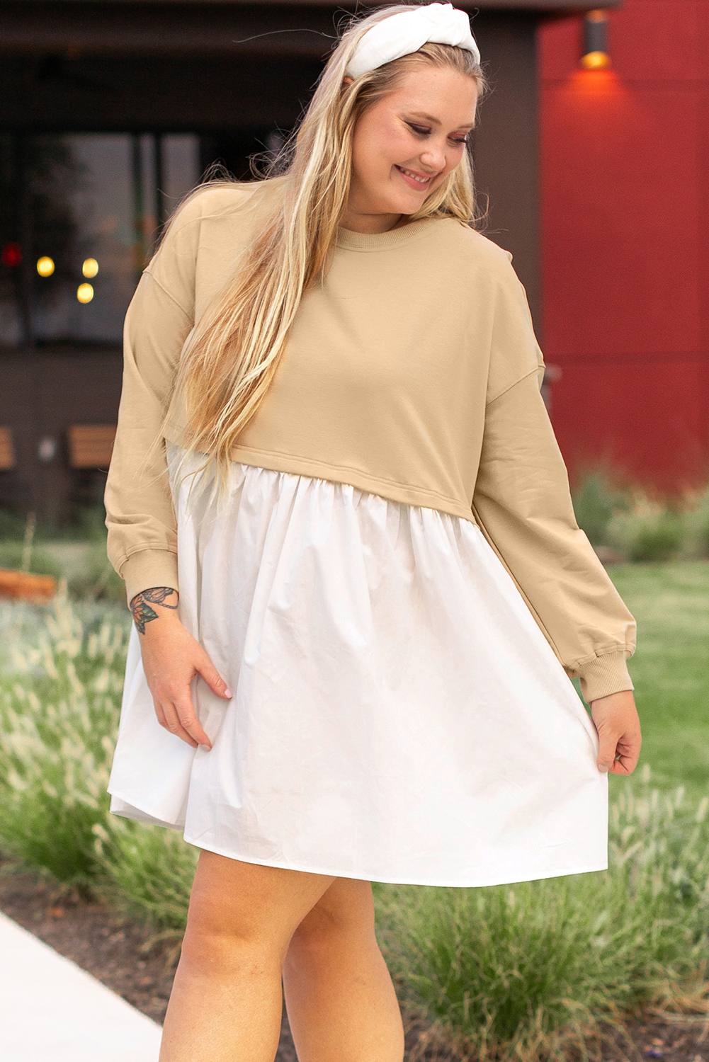 Pale Khaki Sweatshirt Poplin Mini Dress - loveforevers