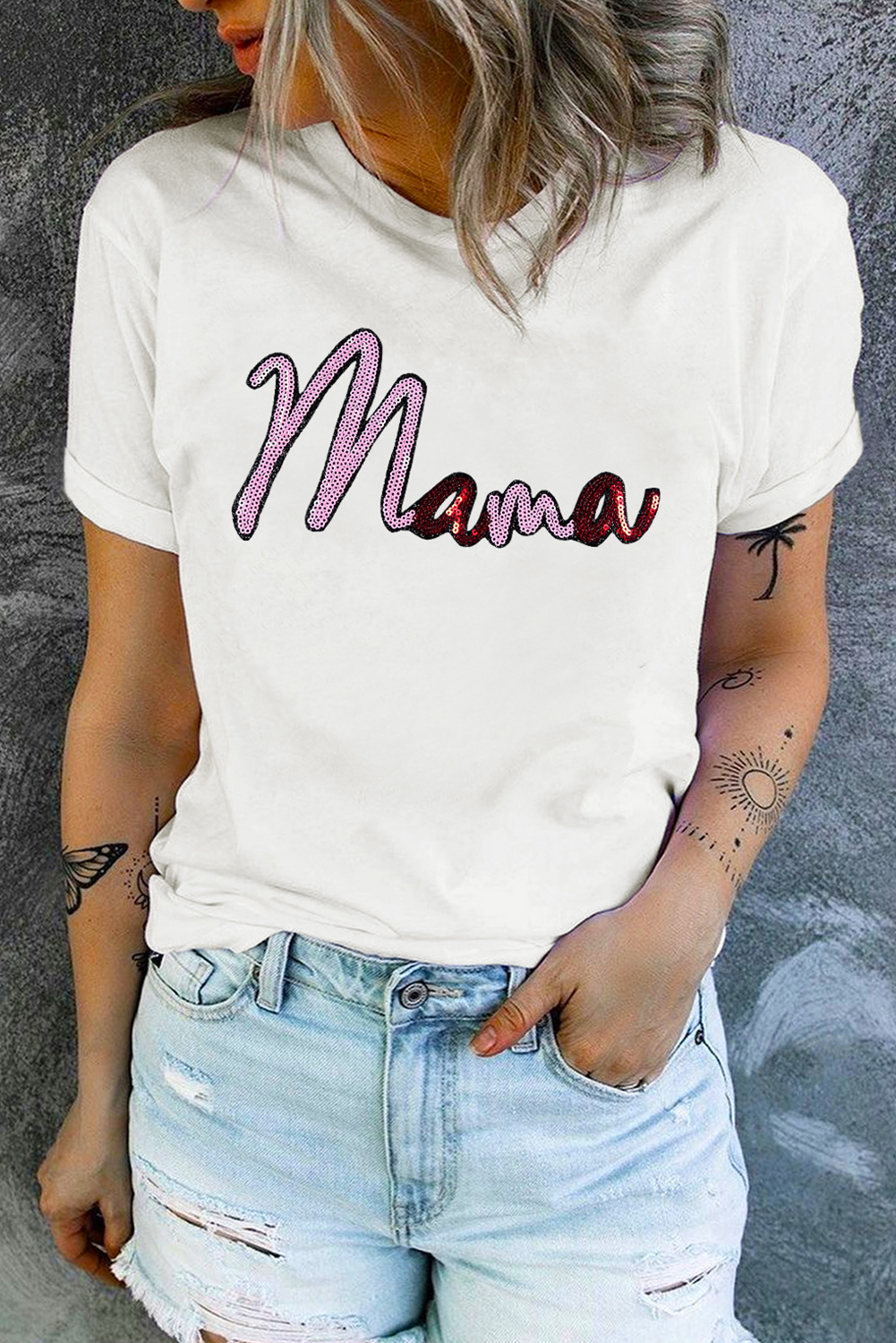 White Sequin mama Graphic Crewneck T Shirt - loveforevers