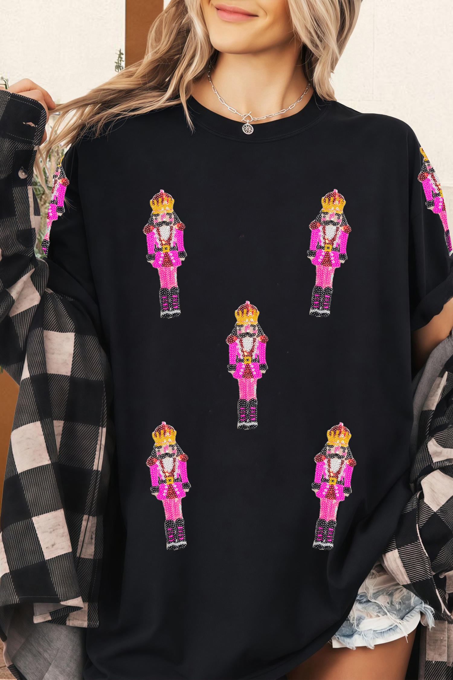 Black Sequin Patched Christmas Nutcracker Casual T Shirt - loveforevers