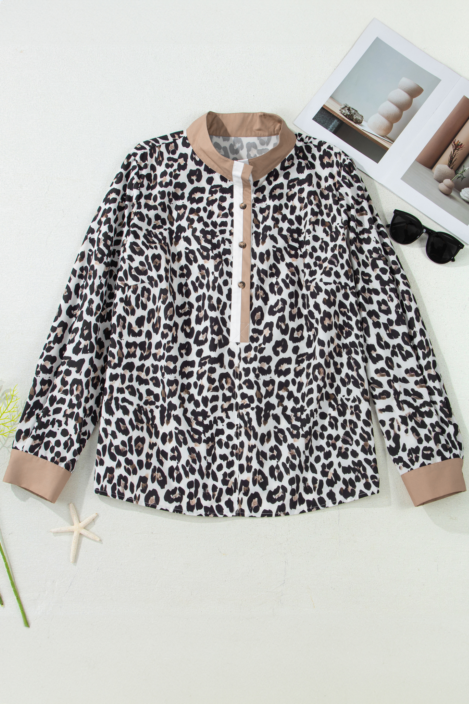 Multicolour Leopard Print Contrast Trim Button Split Neck Plus Long Sleeve Top - loveforevers