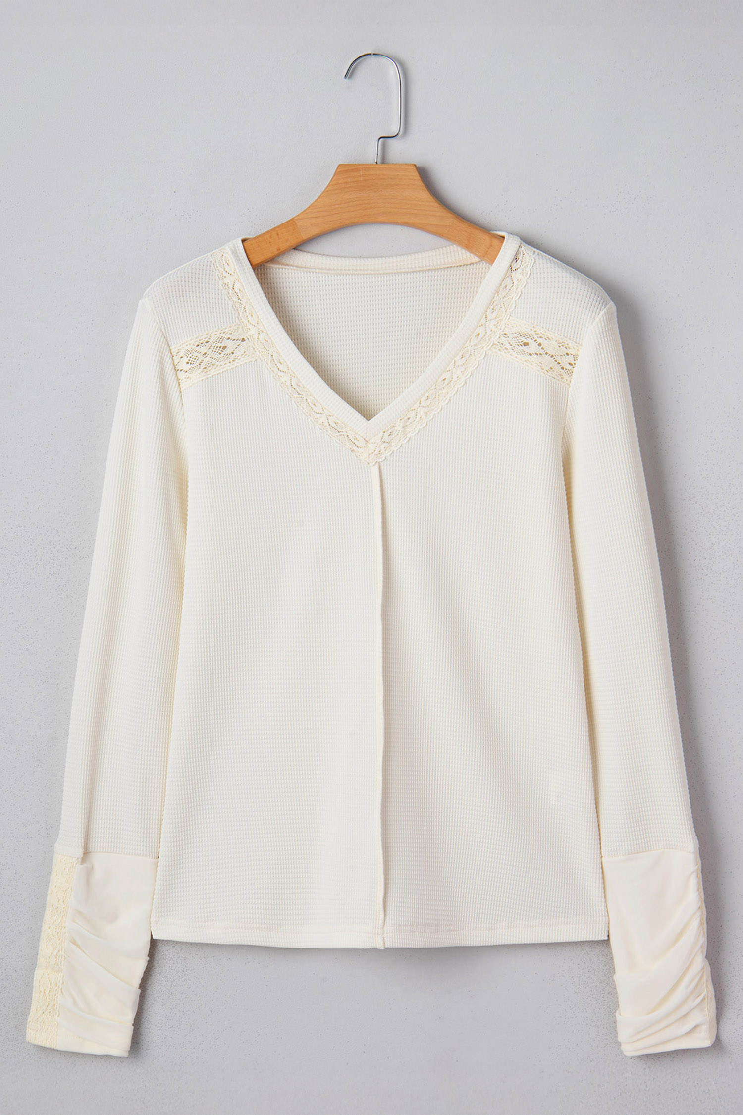 Beige Thermal Knit Lace Ruched Patchwork Long Sleeve V Neck Top - loveforevers