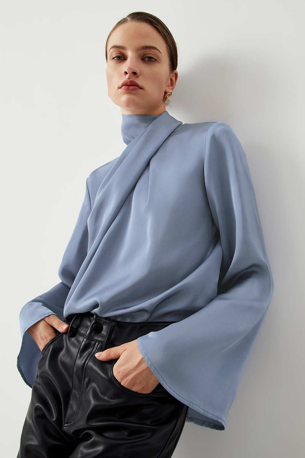 Ivy Asymmetric Pleated Turtleneck Bell Sleeve Blouse - loveforevers