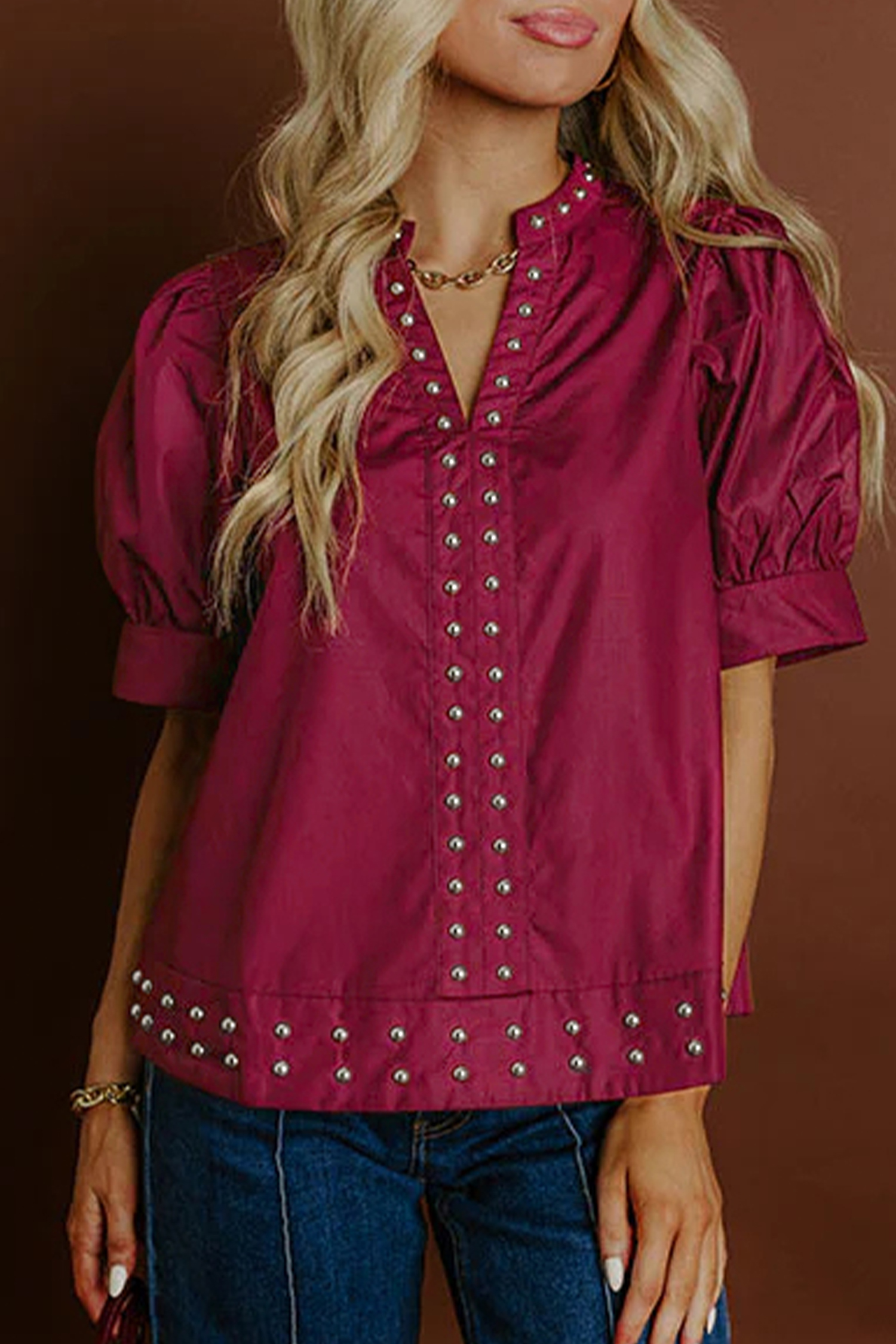 Burgundy Rivet Embellished V Neck Short Puff Sleeve Blouse - loveforevers