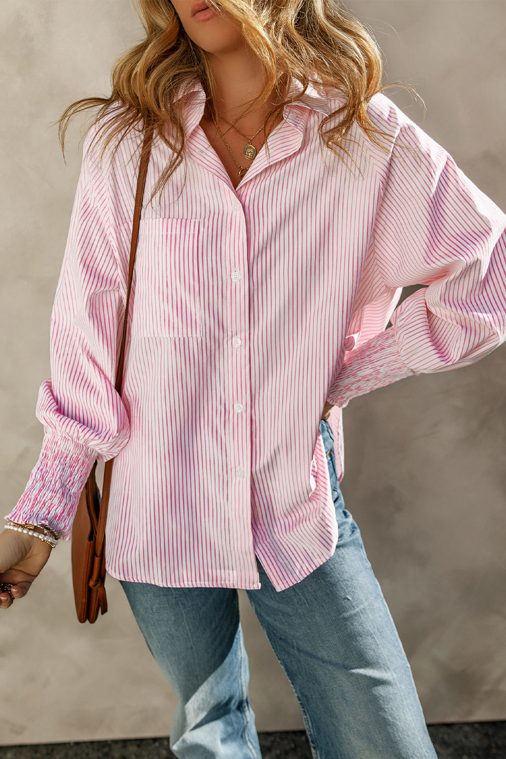 Bonbon Shirred Cuffs Collared Raglan Sleeve Relaxed Shirt - loveforevers