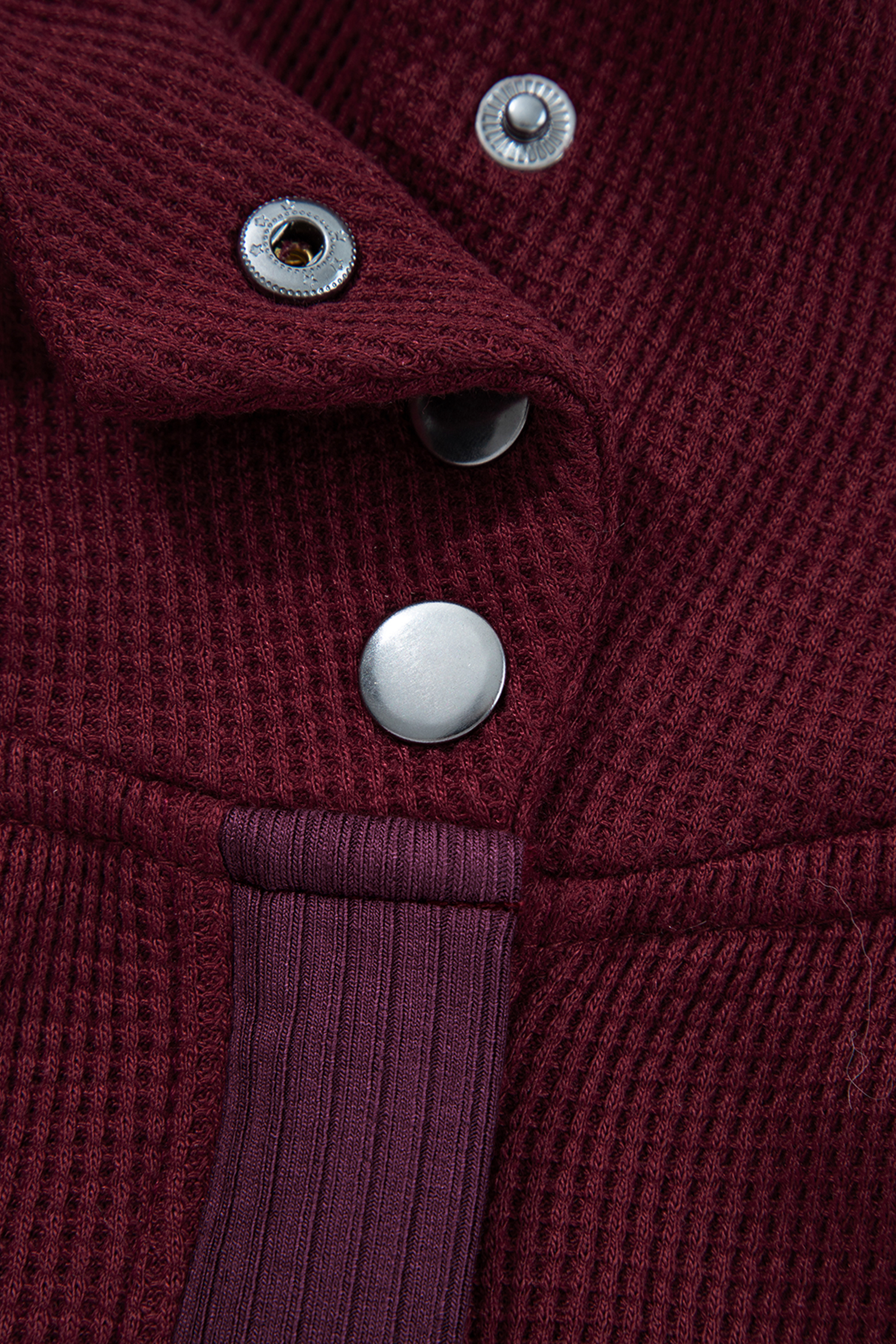 Burgundy Waffle Splicing Zip Up Front Button Hooded Jacket - loveforevers
