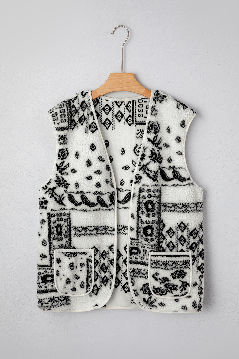 Brown Sherpa Paisley Print Pocketed Western Fashion Vest Jacket - loveforevers