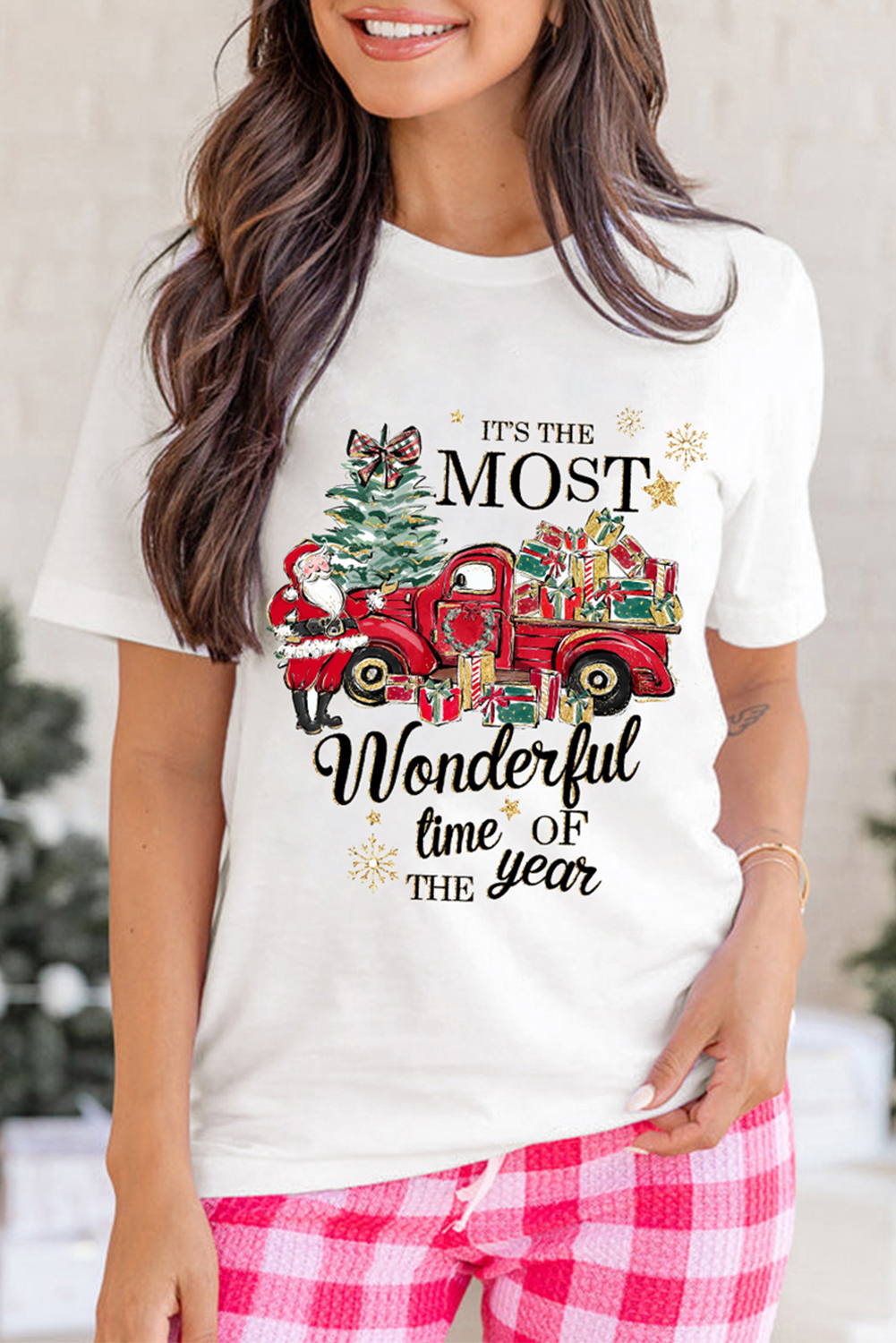 White Christmas Pattern Slogan Print Crew Neck T Shirt - loveforevers