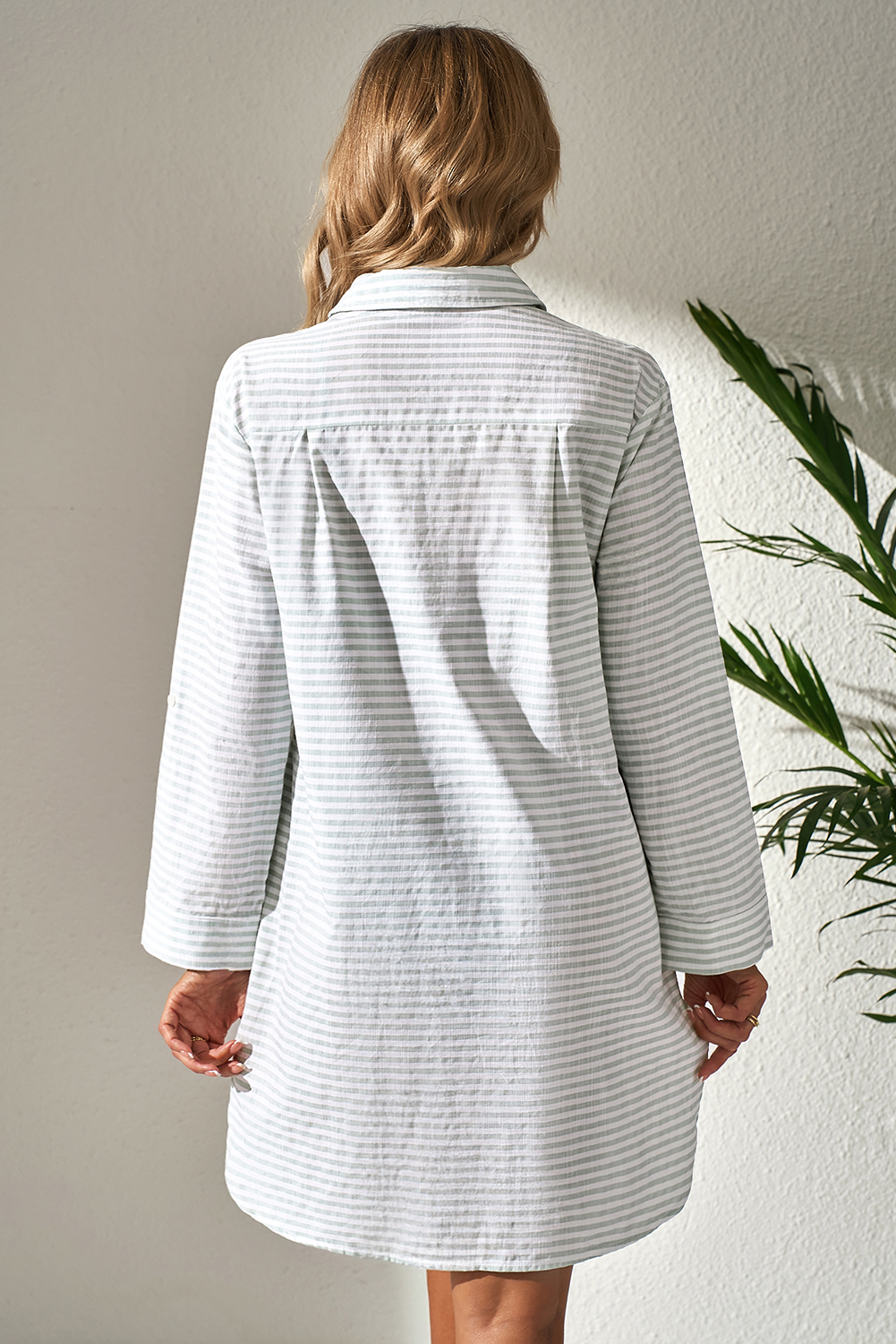 White Stripe Collared V Neck Chest Pocket Long Sleeve Beach Cover up - loveforevers