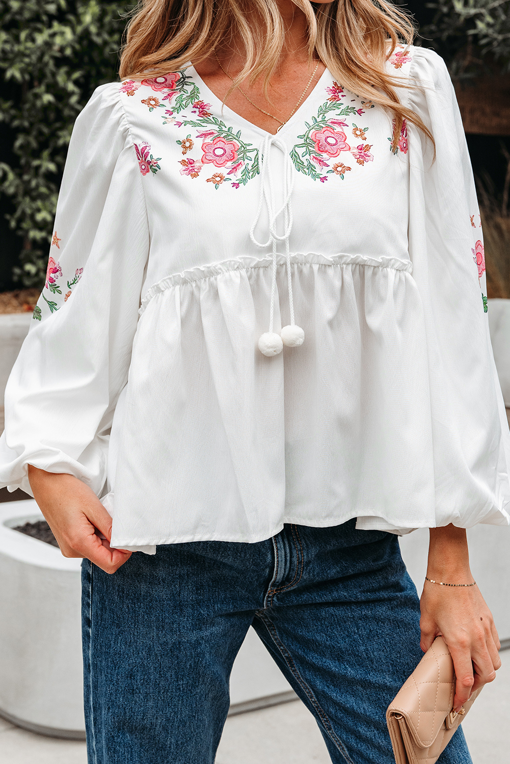 White Flower Print Lace-up V Neck Babydoll Blouse - loveforevers