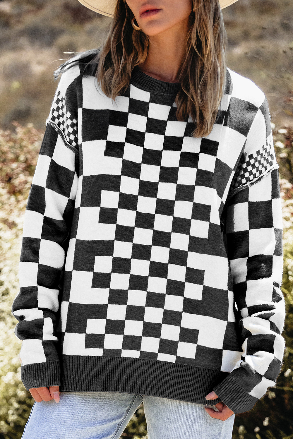 Khaki Checkered Print Drop Shoulder Round Neck Sweater - loveforevers