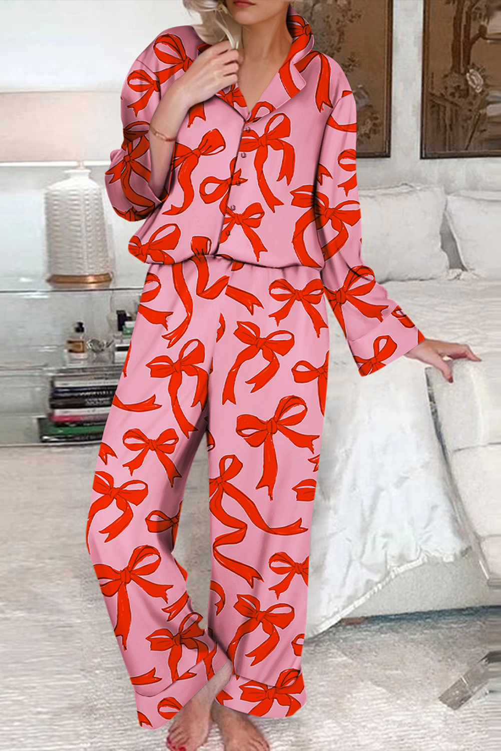 Pink 2pcs Bow Print Shirt Style Long Sleeve Pajama Set - loveforevers