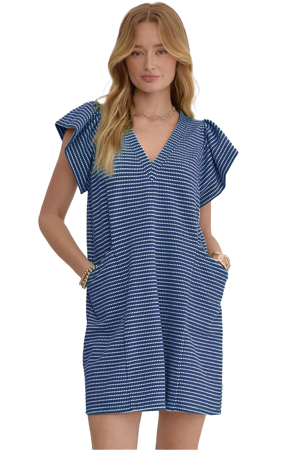 Blue Stripe Textured Knit V Neck Flutter Sleeve Shift Mini Dress - loveforevers