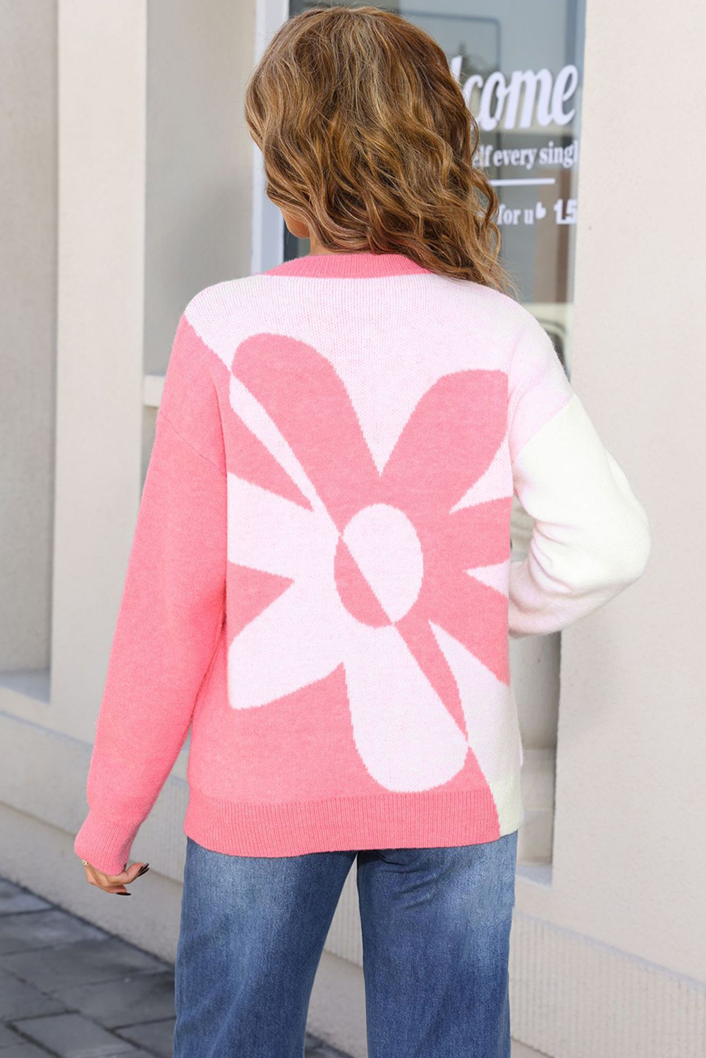 Black 2-tone Contrast Flower Pattern Drop Shoulder Bulk Sweater - loveforevers