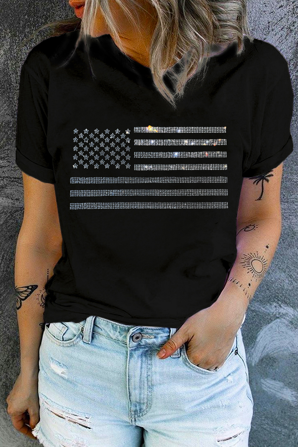 Black Glittering Rhinestone American Flag Pattern T Shirt - loveforevers