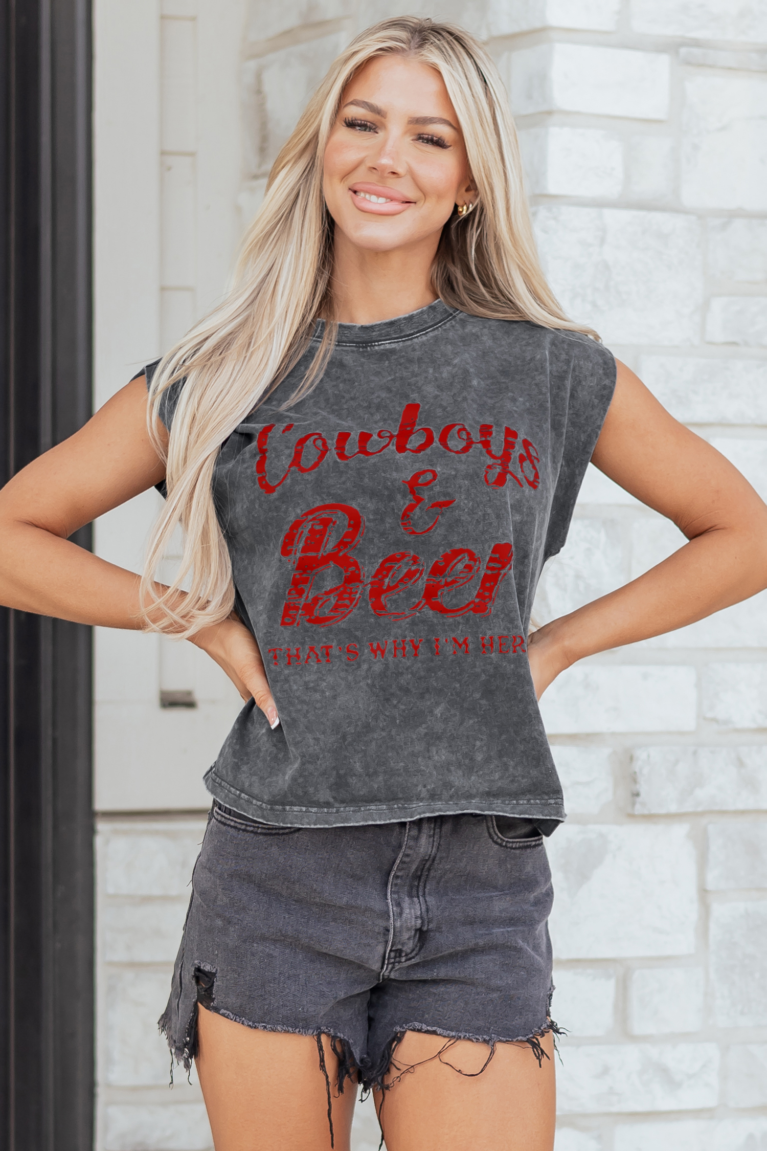 Smoke Gray Cowboy & Beer Western Graphic Mineral Wash Tank Top - loveforevers