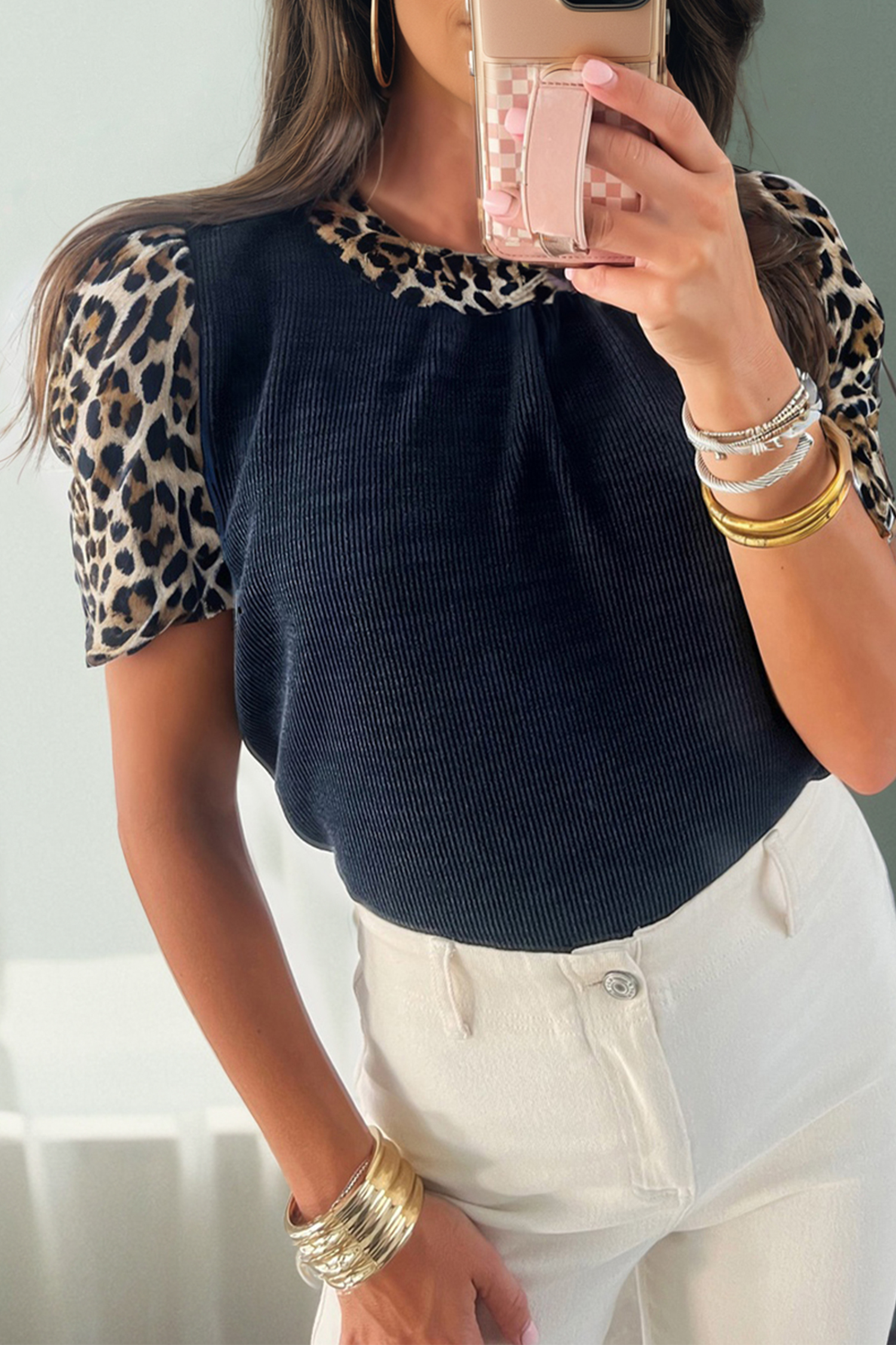Navy Blue Ribbed Contrast Leopard Patchwork Short Sleeve Top - loveforevers