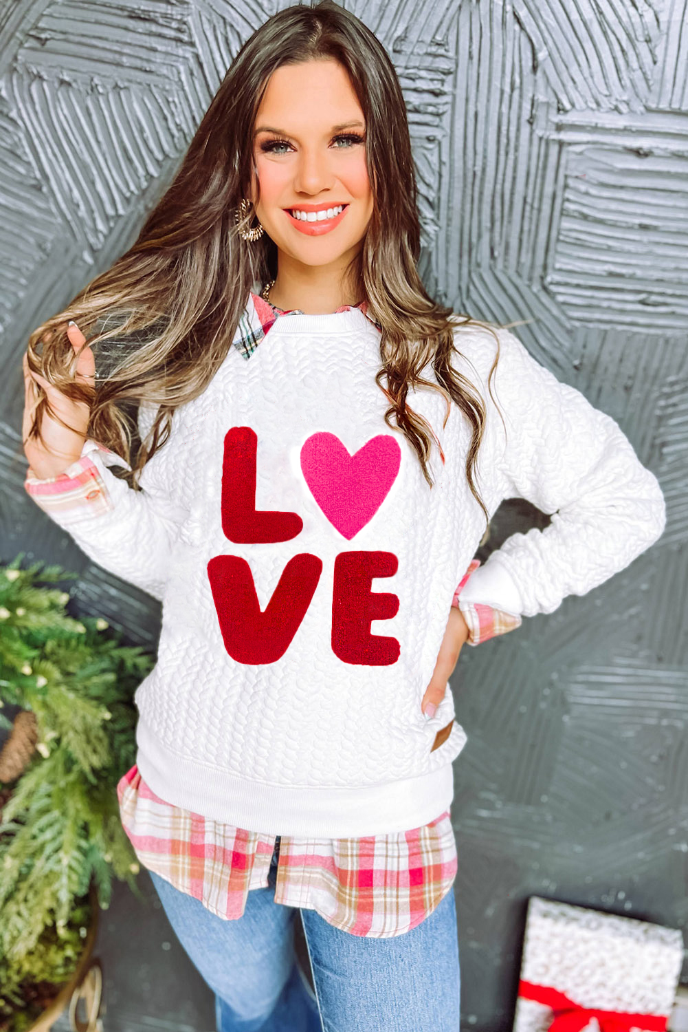 White LOVE Chenille Embroidered Cable Knit Pullover Sweatshirt - loveforevers