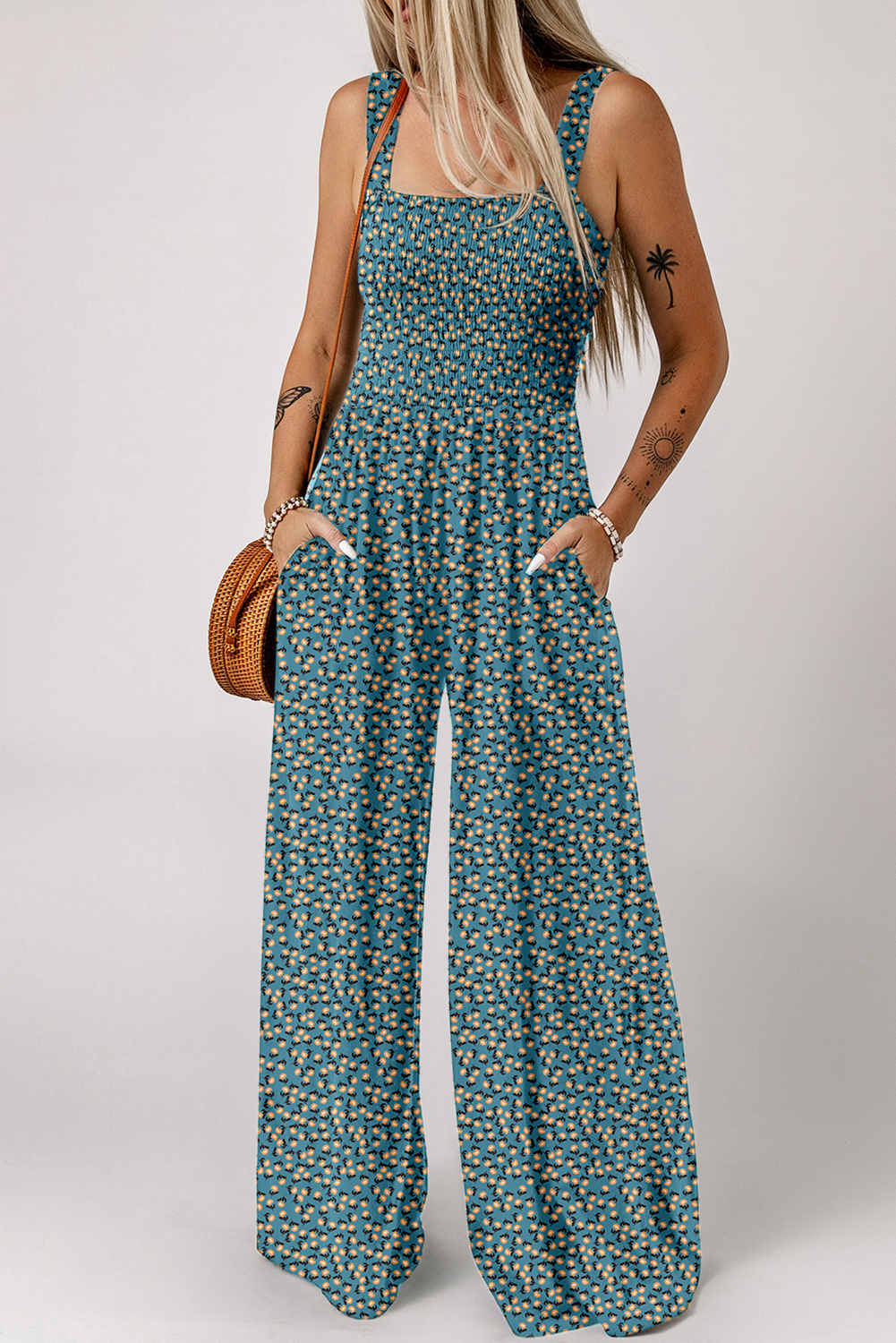 Green Floral Print Smocked High Waist Square Neck Jumpsuit - loveforevers
