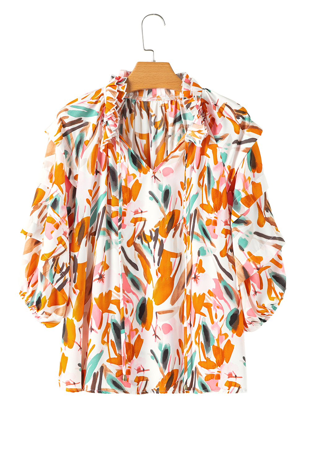 Yellow Abstract Print Drawstring Frilled V Neck 3/4 Sleeve Blouse - loveforevers