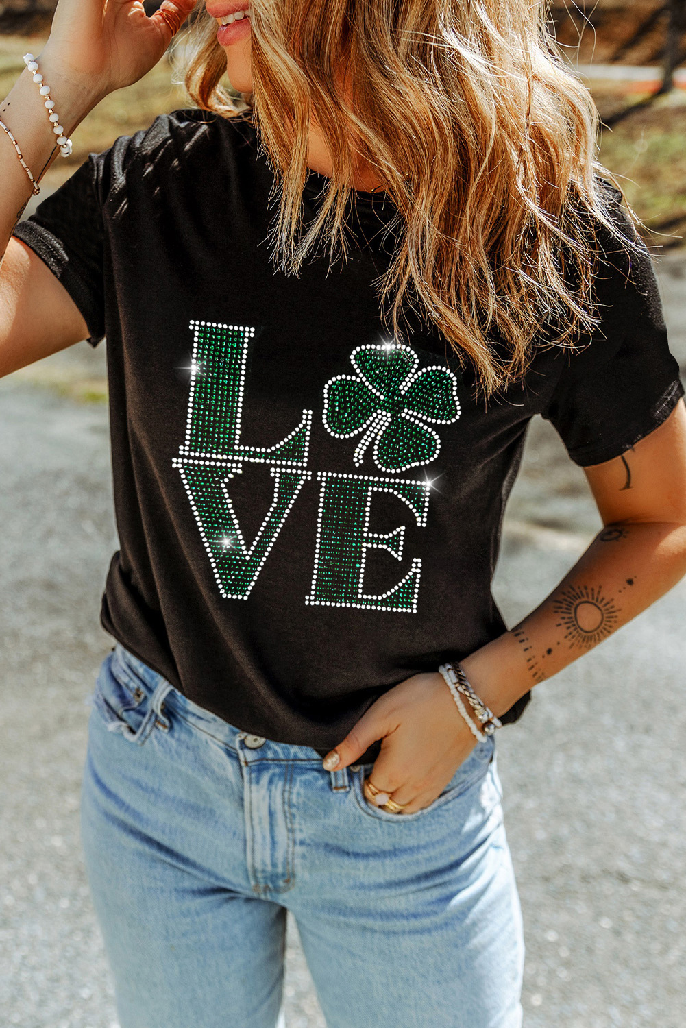Black Clover LOVE Rhinestone Graphic St Patricks Day T Shirt - loveforevers