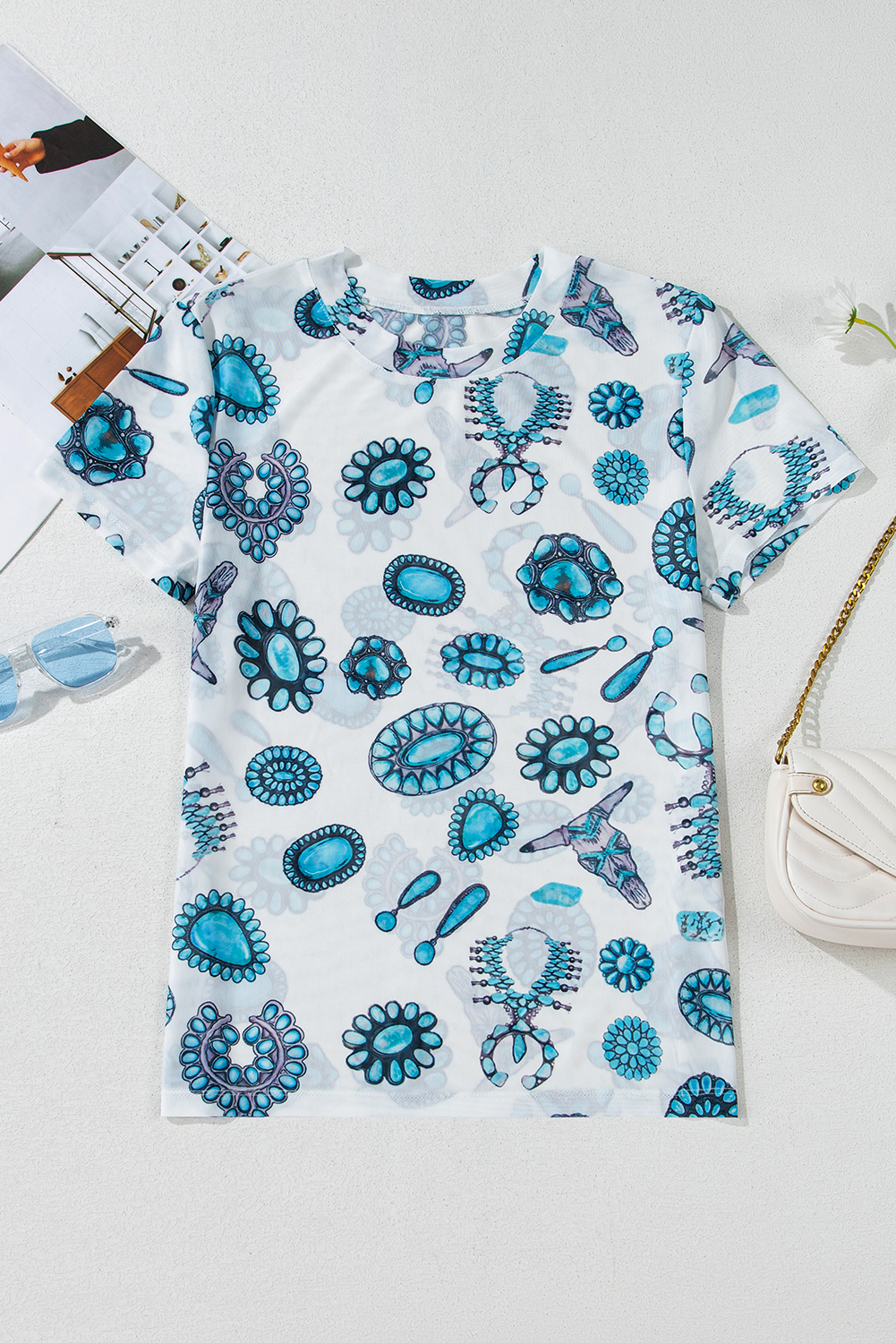 Sky Blue Western Turquoise Printed Crewneck Slim Fit Tee - loveforevers
