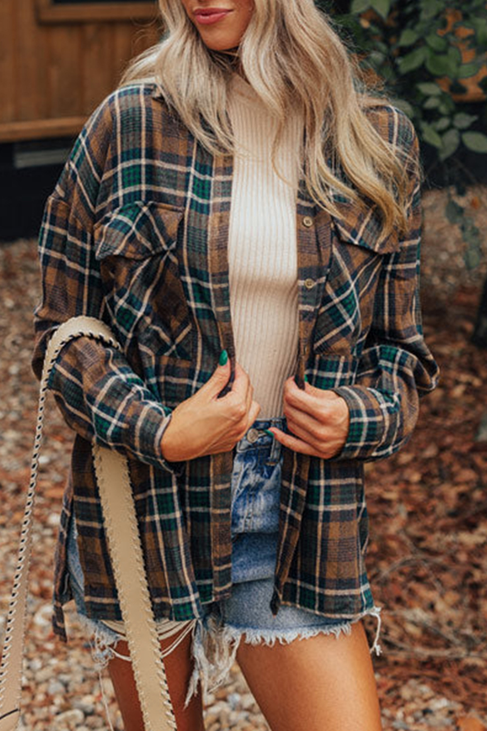 Brown Plaid Print Chest Pockets Buttoned Shirt Jacket - loveforevers