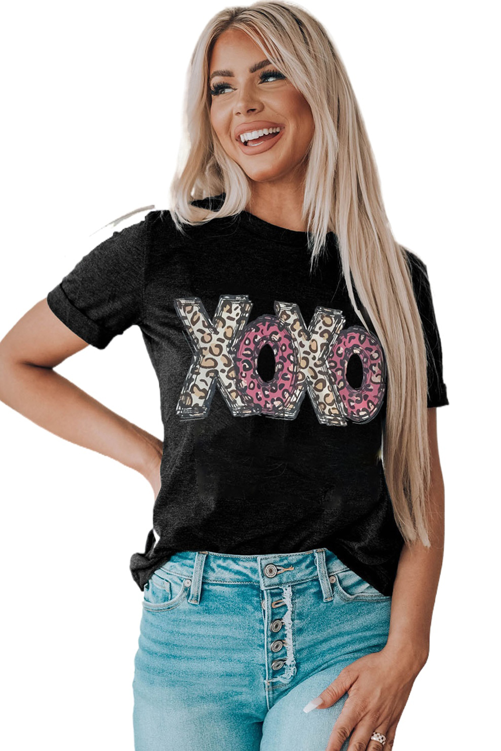 Black Leopard XOXO Print T Shirt - loveforevers