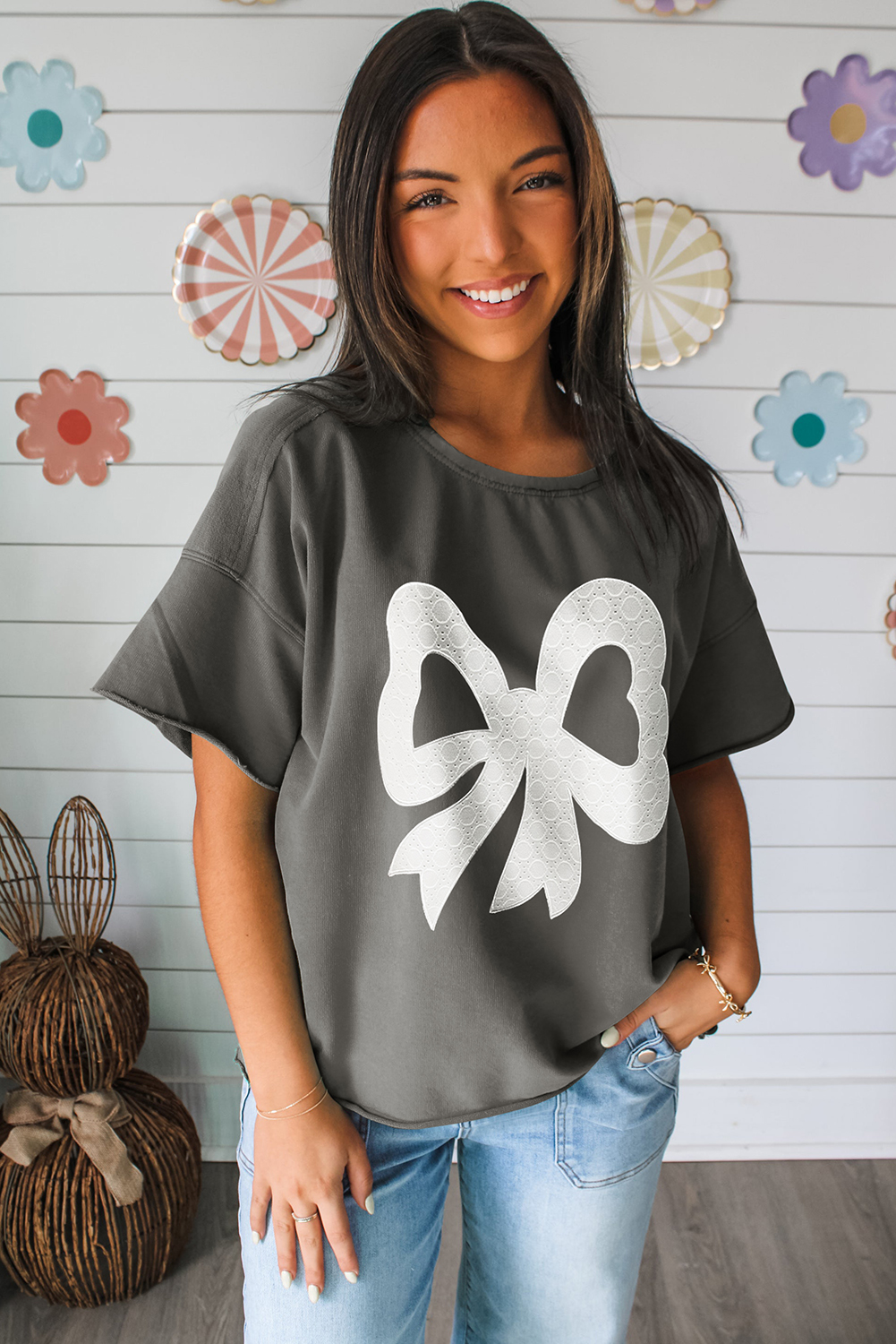 Medium Grey Lace Bow Raw Edge Drop Shoulder Casual T Shirt - loveforevers