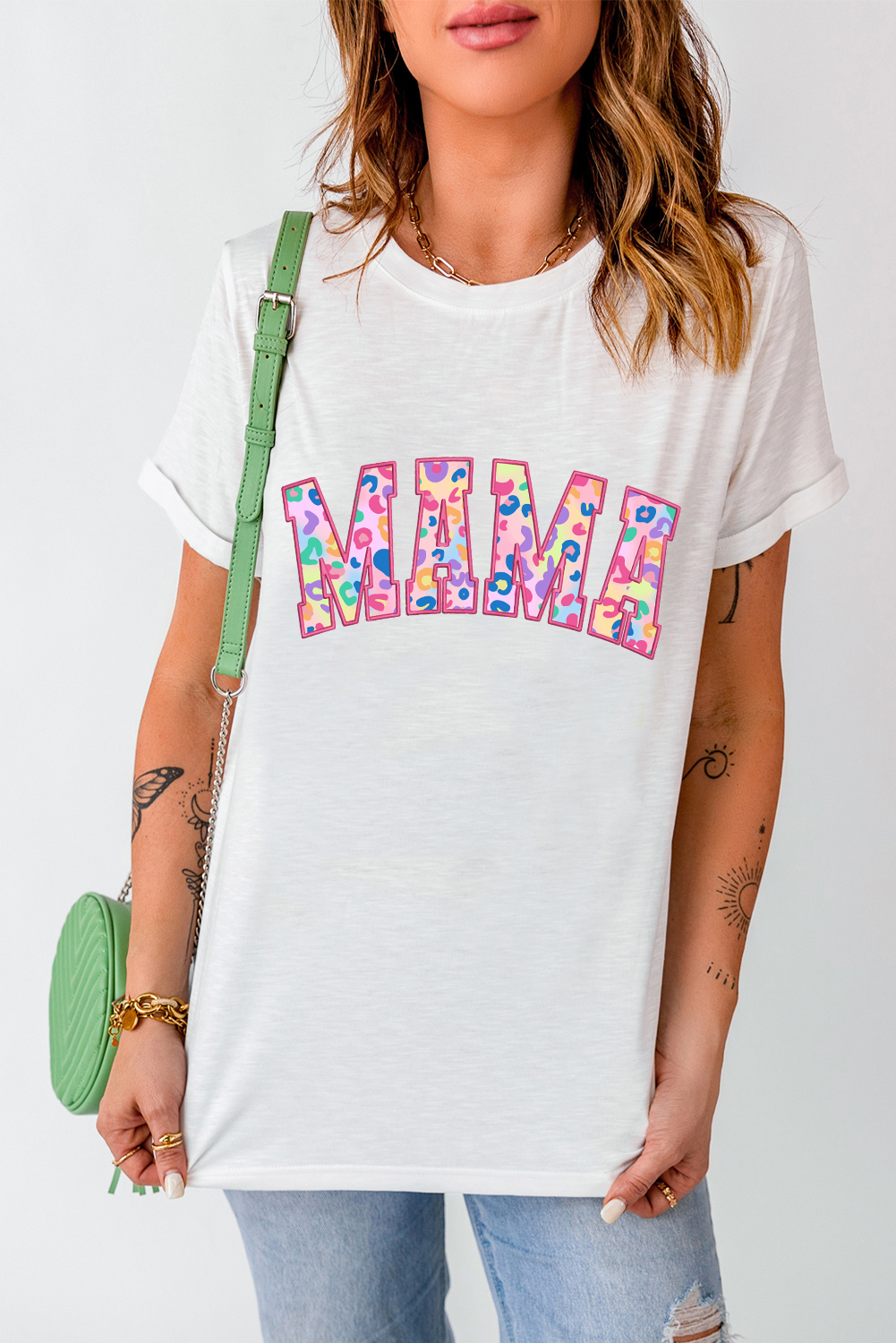 White MAMA Leopard Embroidered Crew Neck Graphic Tee - loveforevers