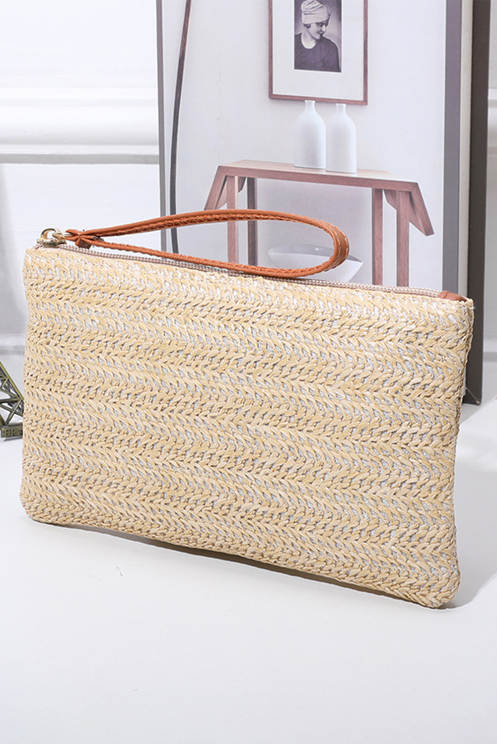 Oatmeal Straw Woven Wrist Strap Zipper Large Wallet - loveforevers