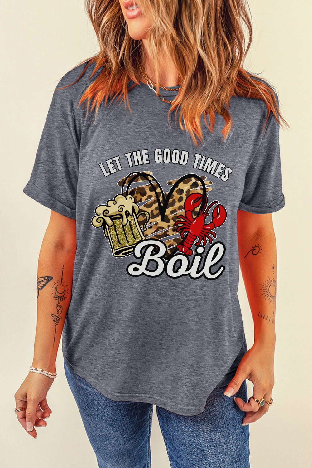 Gray Let The Good Times Boil Crawfish Leopard Heart Graphic Tee - loveforevers
