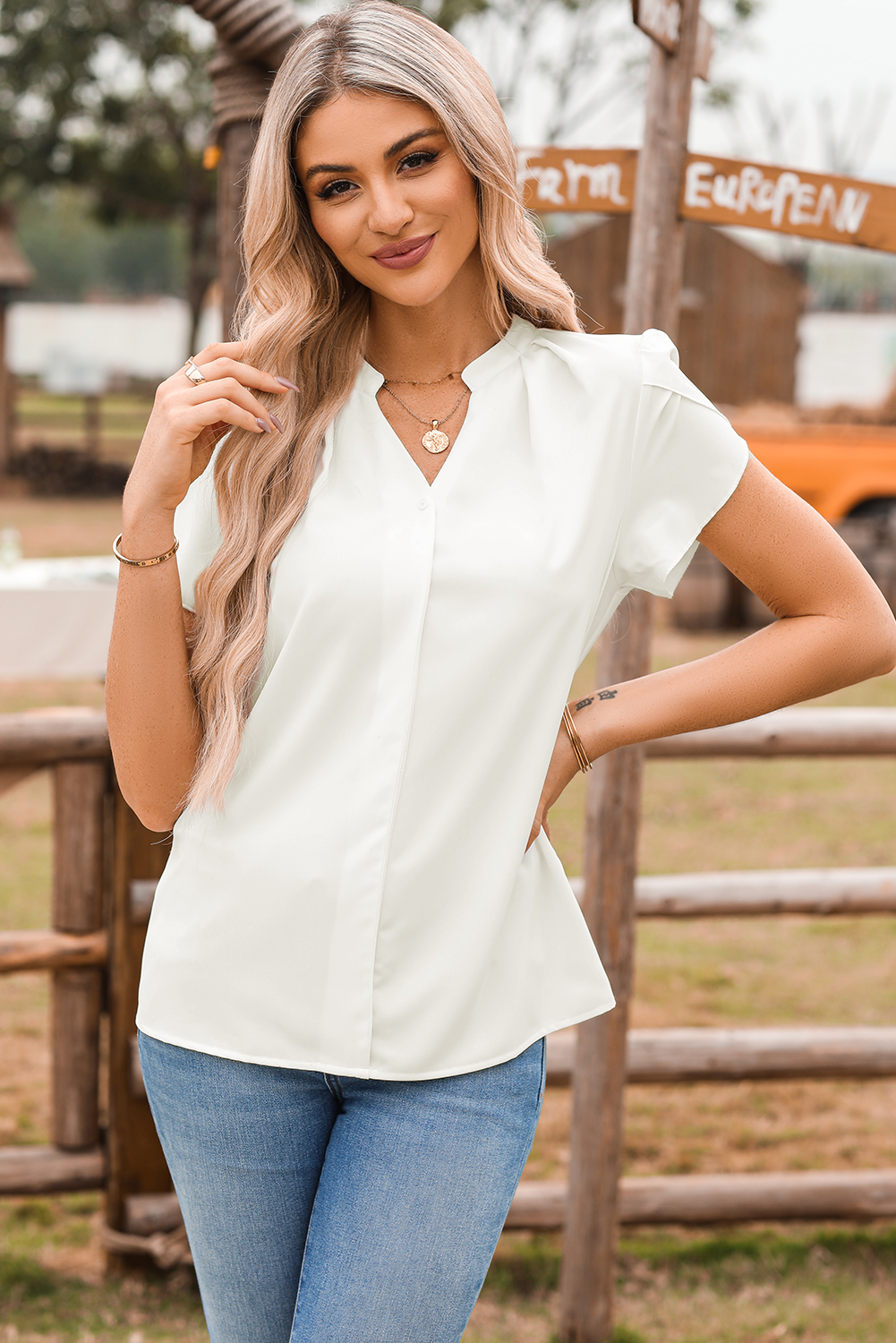Black Silky Notched Neckline Petal Sleeve Blouse - loveforevers