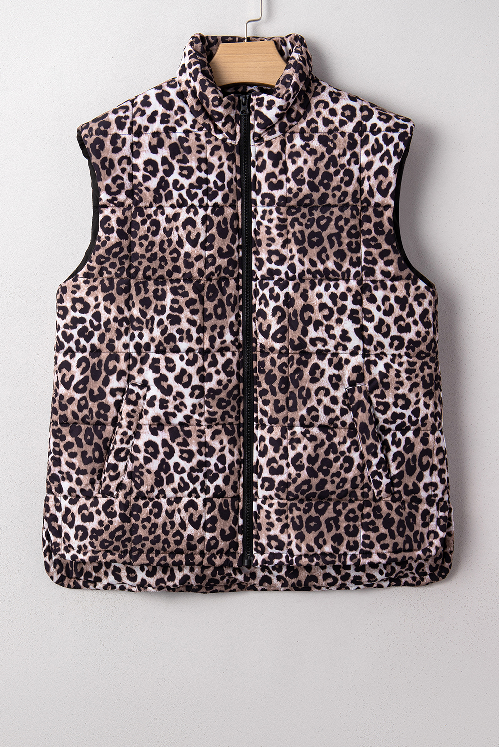 Brown Leopard Quilted Full Zipper Casual Puff Vest - loveforevers