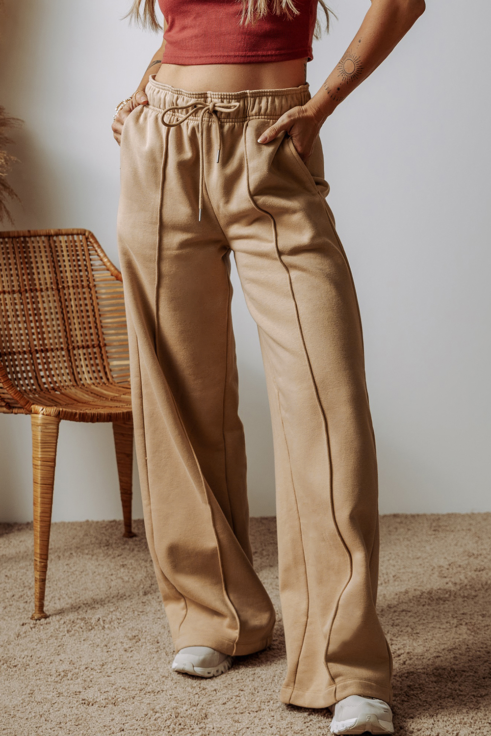 Smoke Gray Exposed Seam Drawstring Elastic Waistband Wide Leg Pants - loveforevers