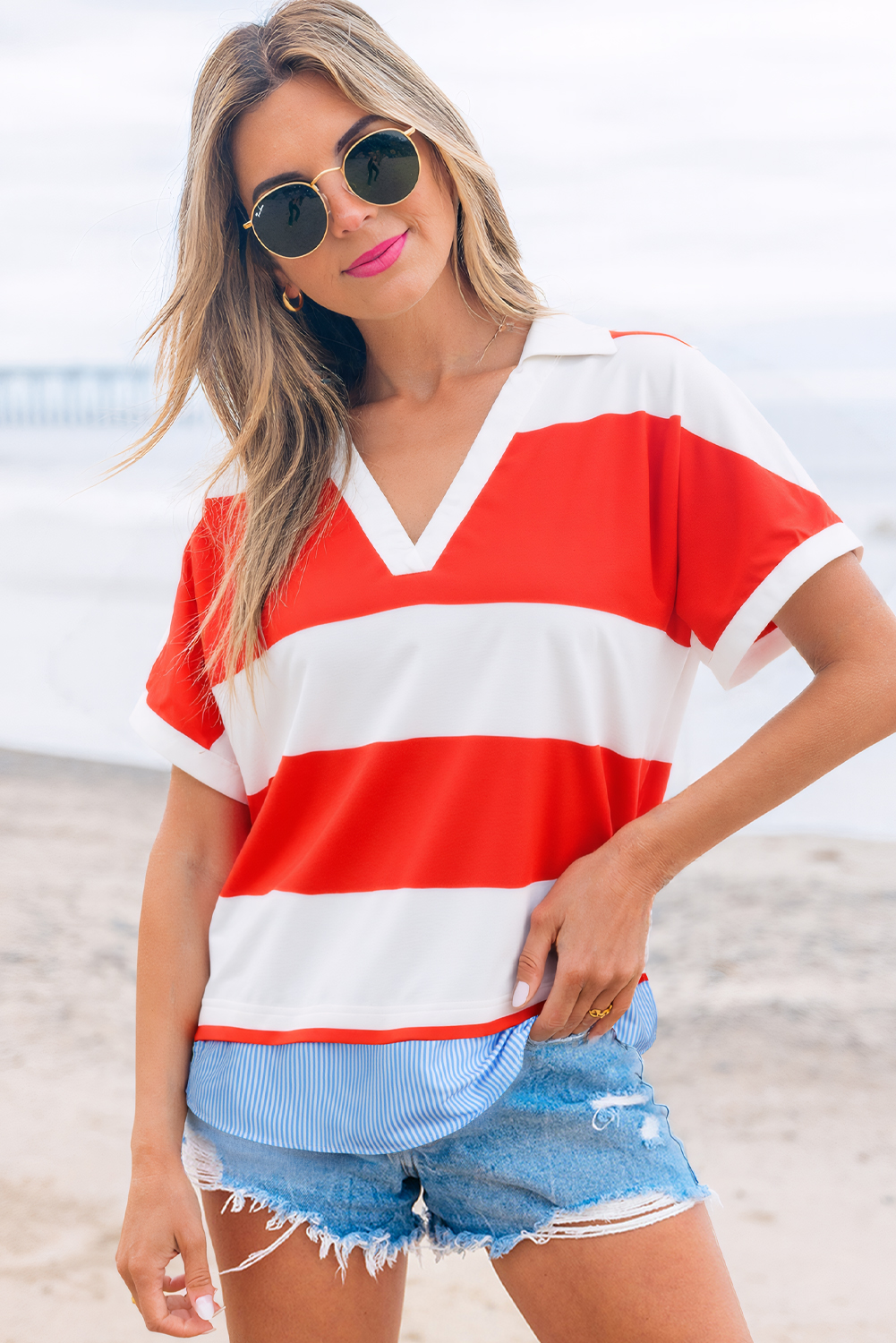Red Stripe Collar V Neck Cuffed Dolman Short Sleeve Top - loveforevers