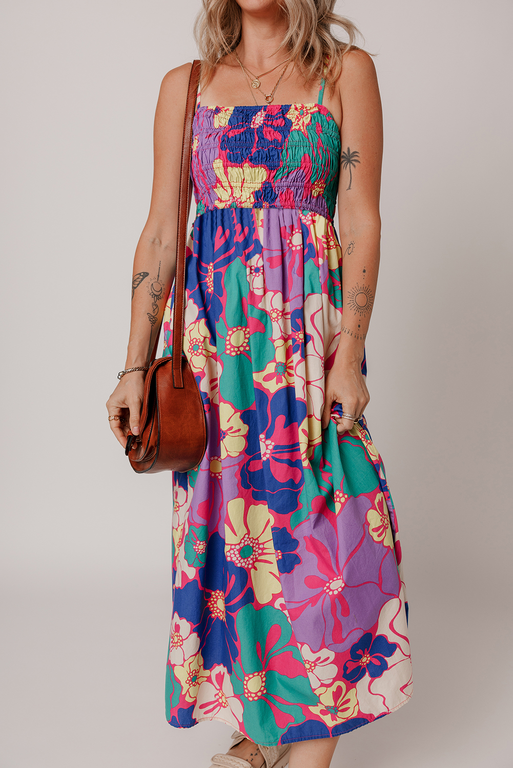 Purple Floral Print Shirred Spaghetti Strap Loose Maxi Dress - loveforevers