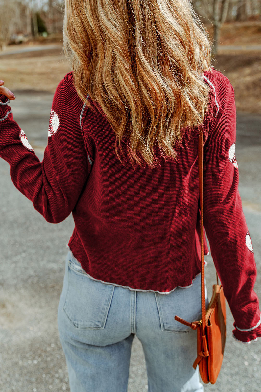 Red Baseball Patched Patterned Game Day Waffle Raglan Top - loveforevers