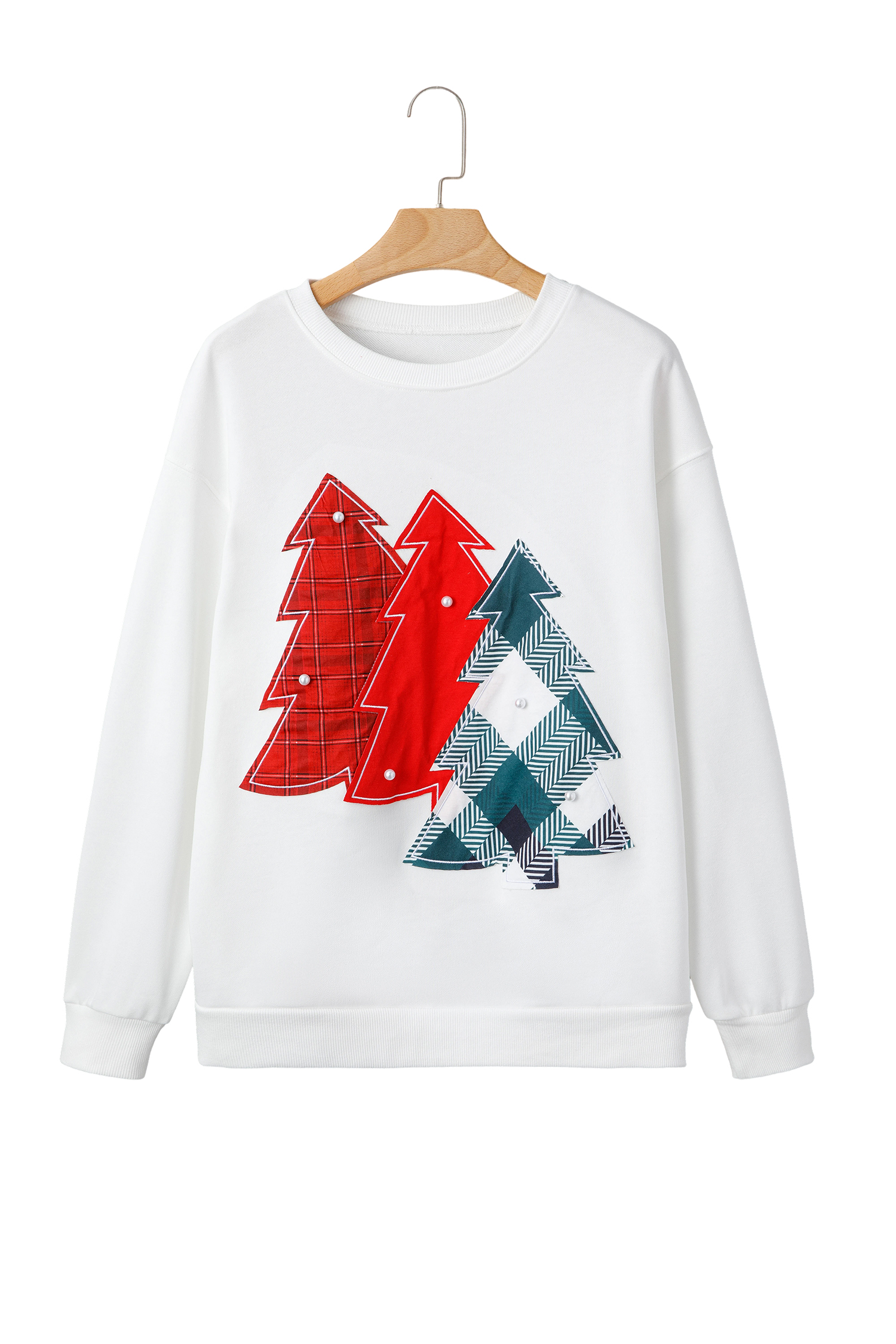 White Pearl Plaid Christmas Tree Patched Drop Shoulder Sweatshirt - loveforevers