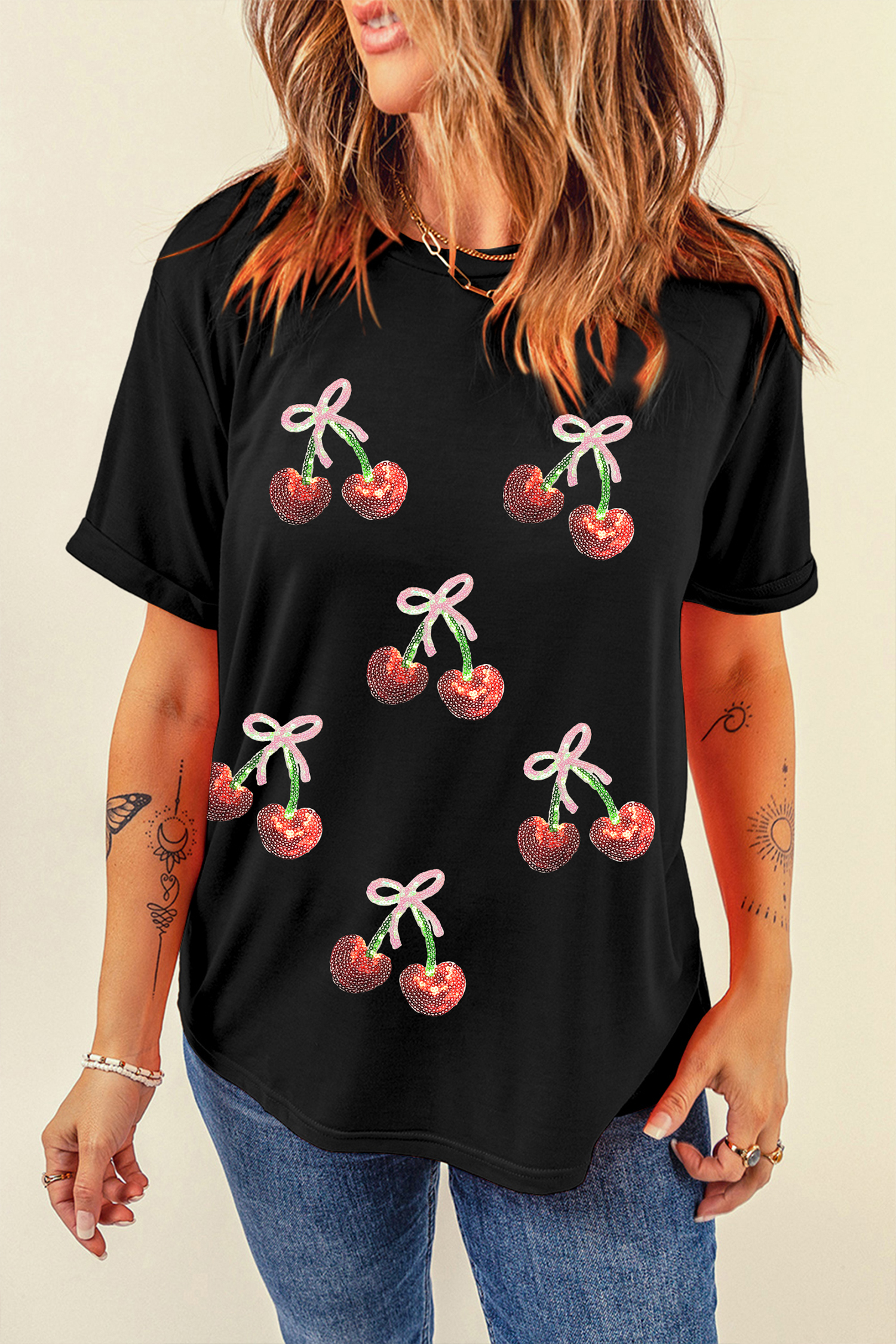 Black Sequin Bow Cheery Patched Valentines Graphic Tee - loveforevers