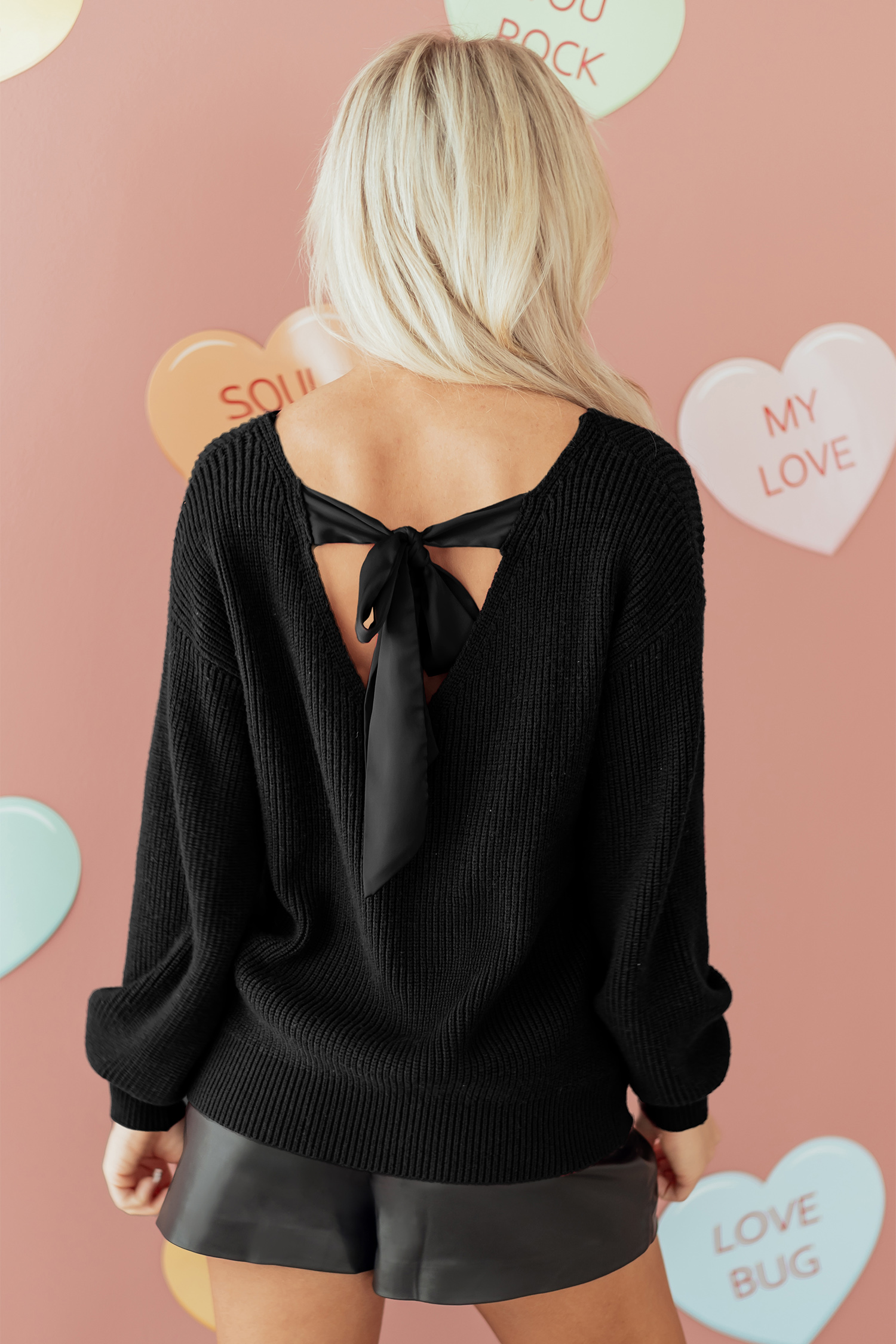 Black Ribbed Knit Ribbon Knot Backless Drop Shoulder Sweater - loveforevers