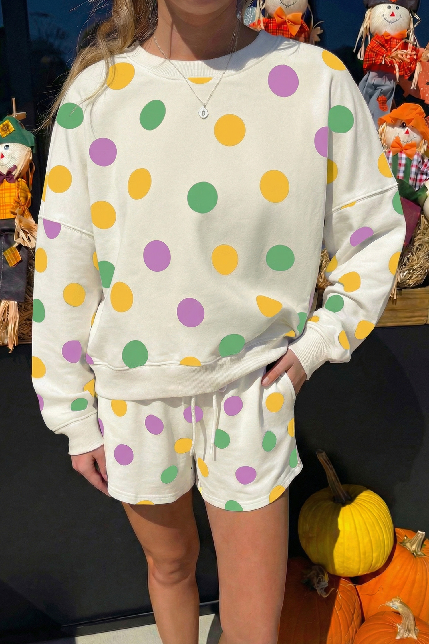 Beige Polka Dot Print Drop Shoulder Pullover Drawstring Jogger Pant Set - loveforevers