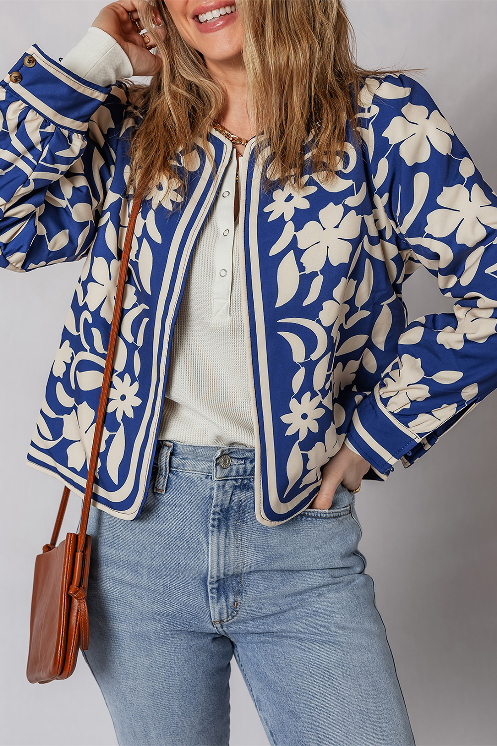 Blue Flower Print Open Front Buttoned Cuffs Elegant Jacket - loveforevers