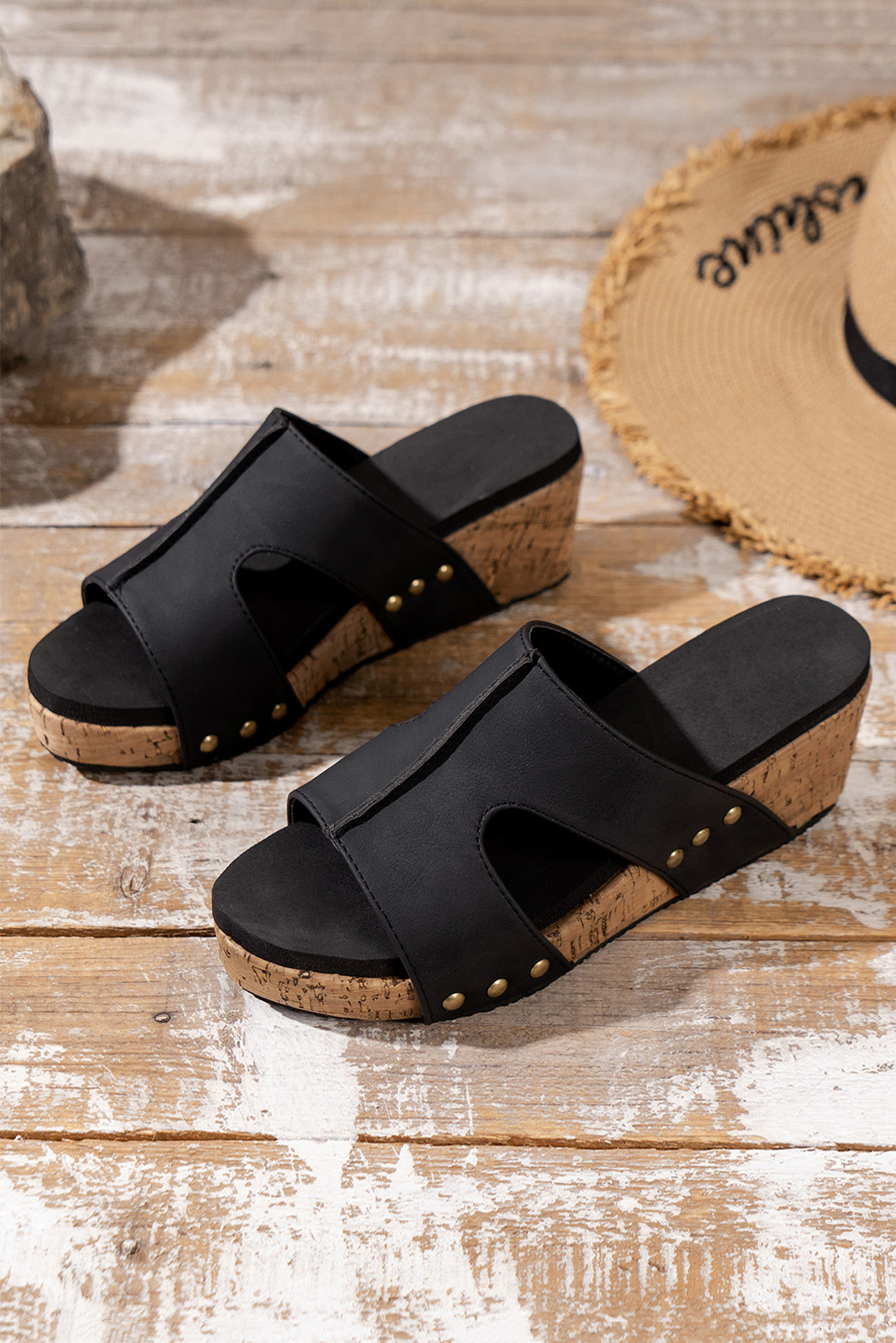 Black Cut Out Rivet Slip-on Wedge Slippers - loveforevers