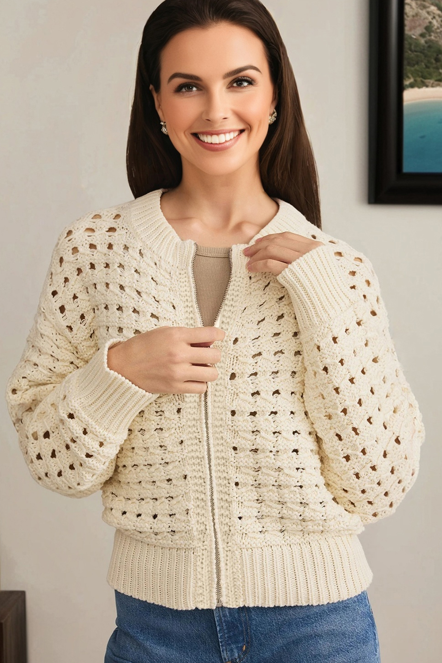 Beige Hollowed Pattern Knit Zip Up Drop Shoulder Sweater Cardigan - loveforevers
