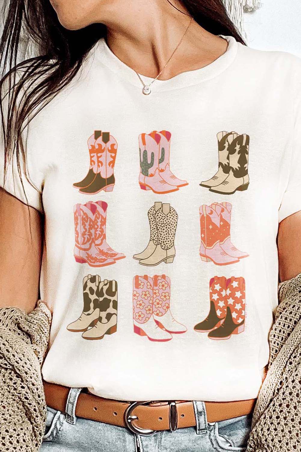 White Western Cowboy Boots Print Round Neck T Shirt - loveforevers