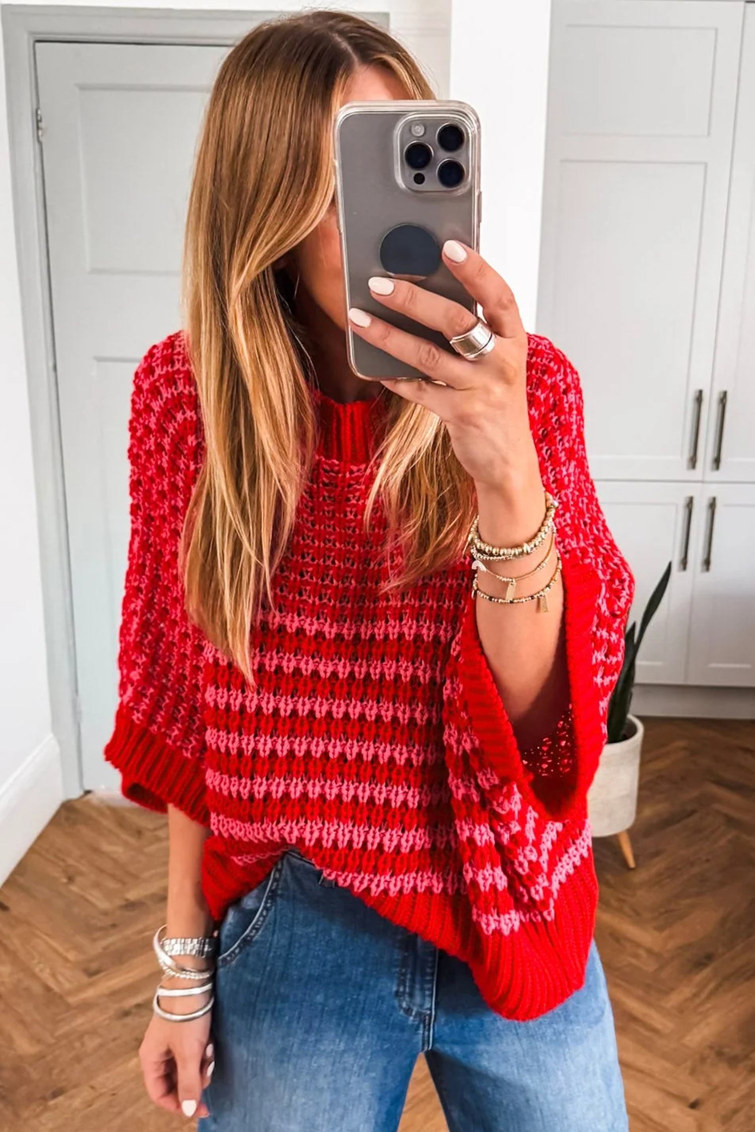 Black Stripe 3/4 Draped Sleeve Slouchy Sweater - loveforevers